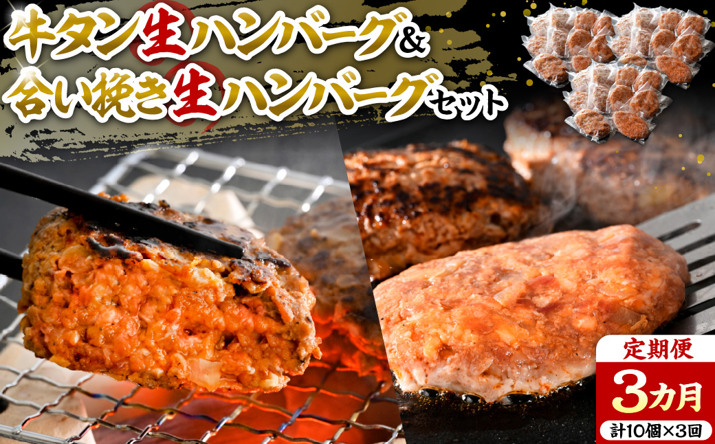 牛タン生ハンバーグと合い挽き生ハンバーグの食べ比べセット【3ヶ月定期便】 ka007-030a001