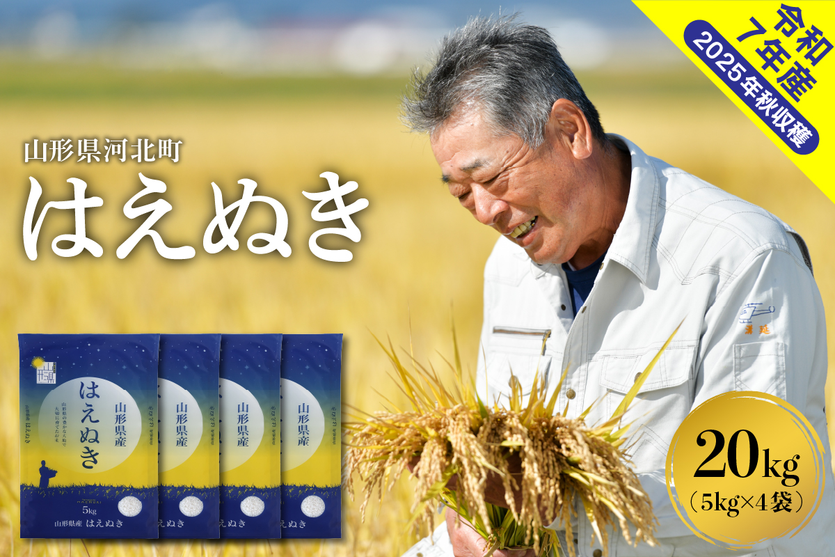 ０４【令和7年産米】2026年7月中旬発送　はえぬき20kg （5kg×4袋）山形県産 【米COMEかほく協同組合】 ka024-046d-r7-072
