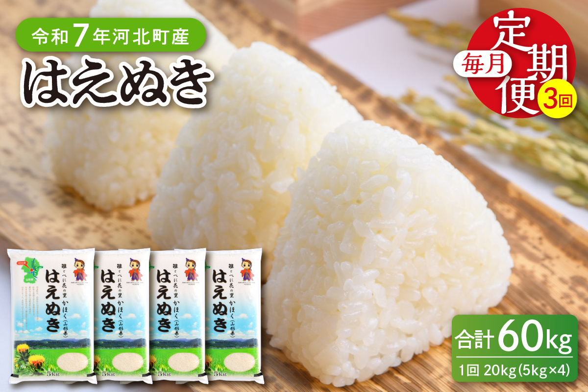【令和7年産米】※2026年6月中旬開始※ はえぬき60kg（20kg×3ヶ月）定期便 山形県産 【JAさがえ西村山】ka008-008d-r7-06082